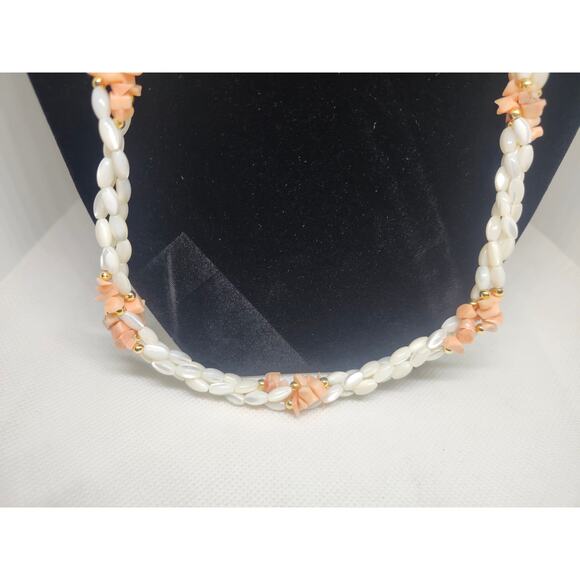 Vintage Mother of Pearl Coral Goldtone Beaded 3 Strand Twisted 22" Necklace - Picture 3 of 7